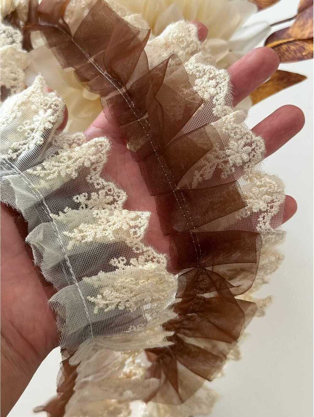 3Yds Non-Stretch 1.9" Brown Beige Pleated Organza Mesh Lace Trim, Wholesale